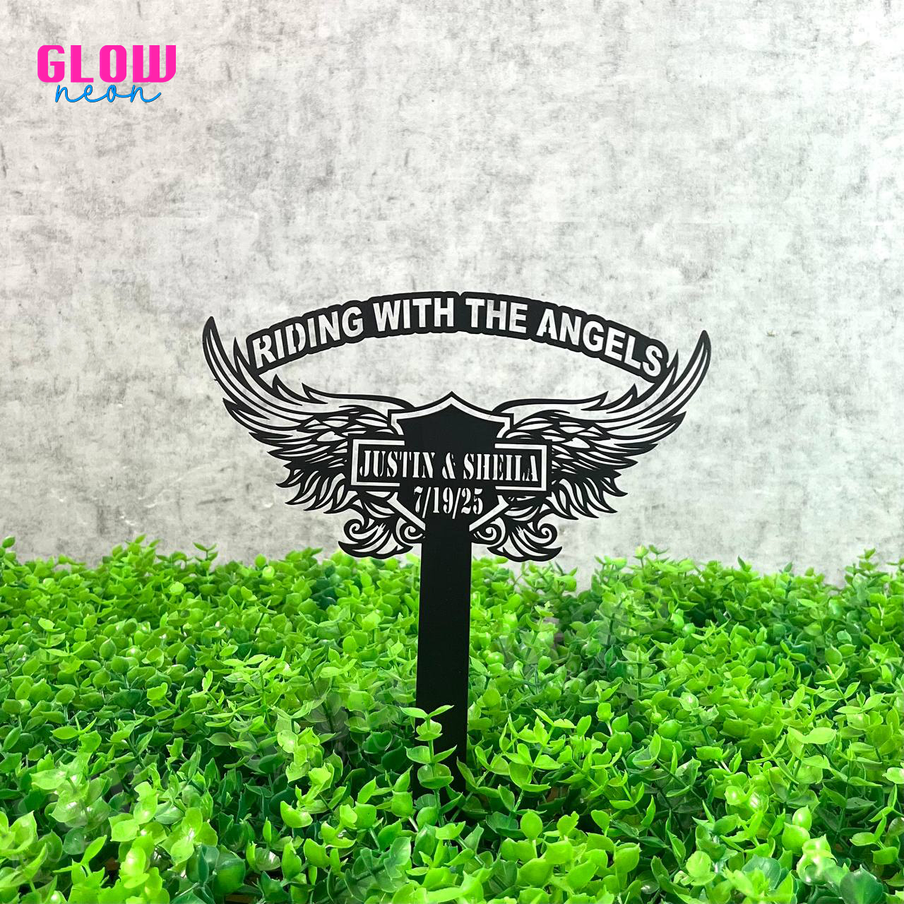 Custom Angels Motorcycle Memorial Stake, Biker Metal Stakes, Rider Grave Marker Stake