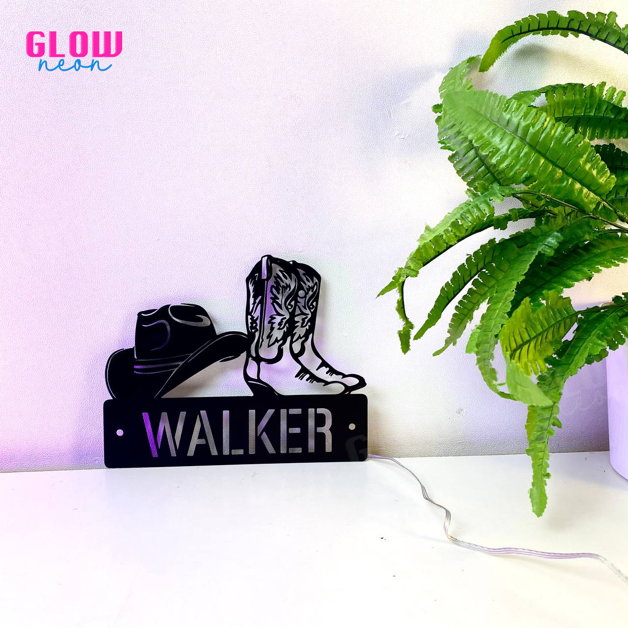 Custom Cowboy Hat Boots Metal Wall Art LED Light - Personalized Western Horse Shoes Name Sign Home Decor